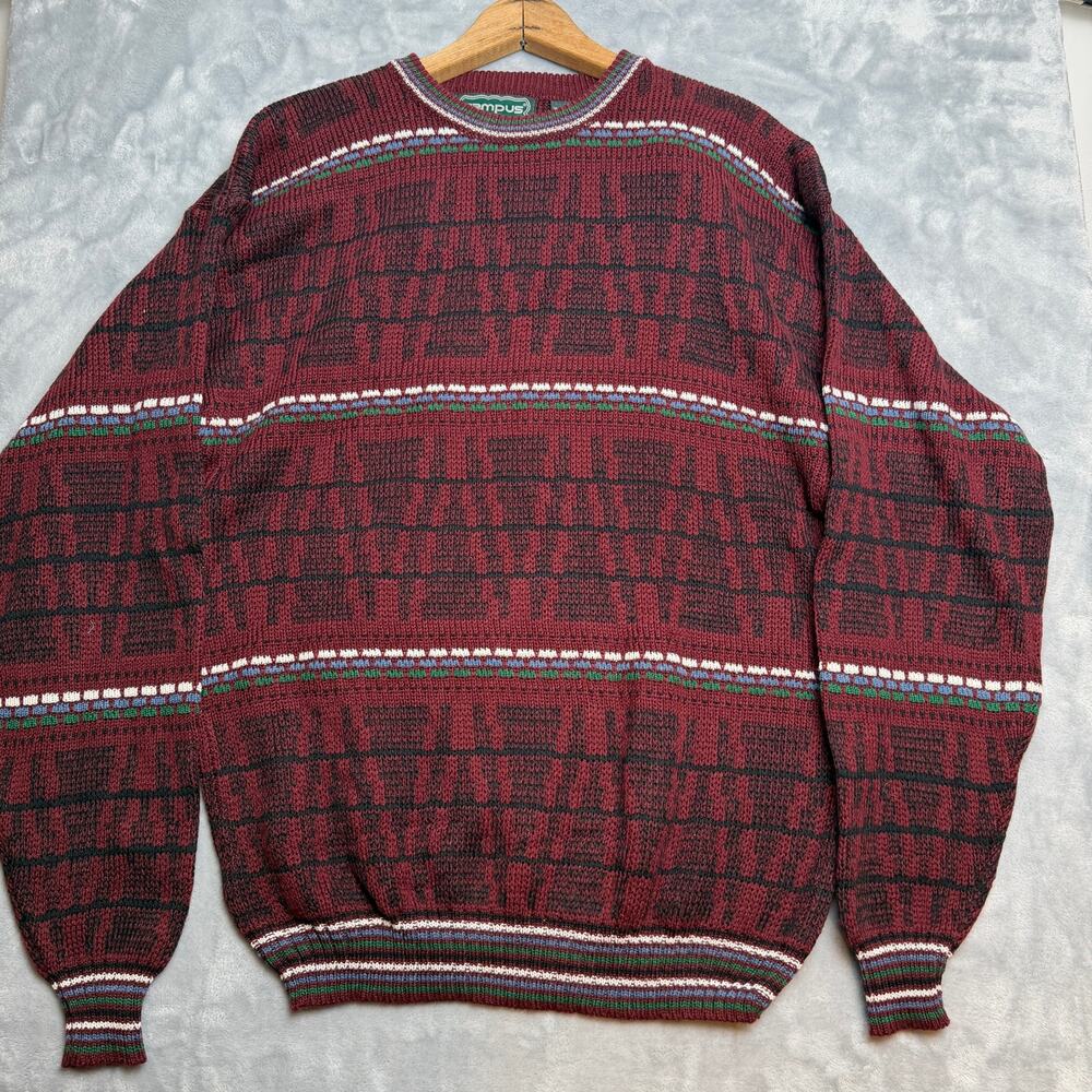 Vintage Campus Sweater Mens L Burgundy Knit Wool‎ Blend 90s Preppy Grandpacore